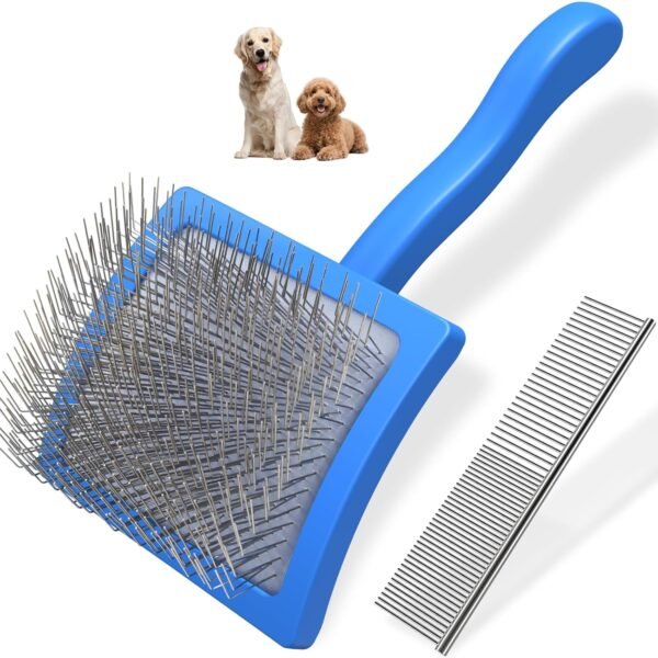 Extra Long Pin Slicker Brush for Dogs with Detangling Comb for Thick or Curly Coats
