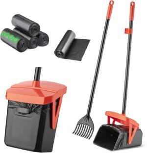 Dog Pooper Scooper Set with Long Handle Rake Bin and 100 Waste Bags for Yard Cleaning