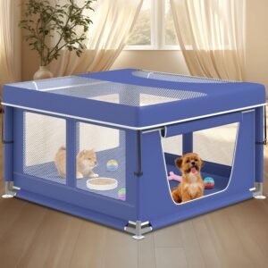 Portable Pet Playpen with Mesh Panels and Zippered Doors for Indoor Use