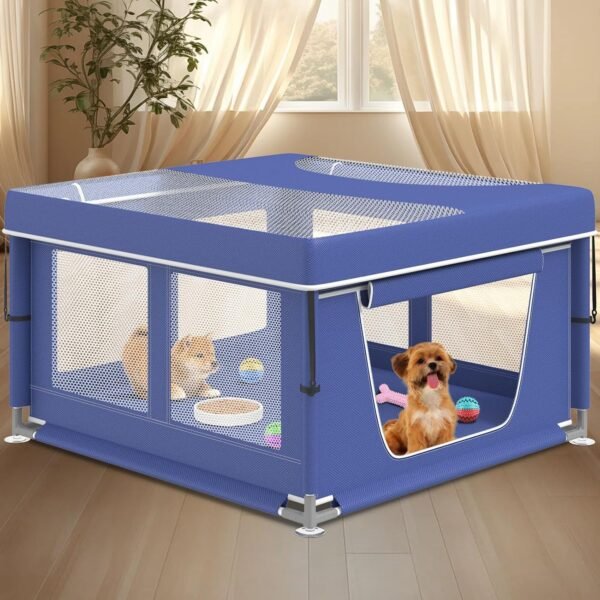 Portable Pet Playpen with Mesh Panels and Zippered Doors for Indoor Use
