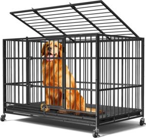Heavy Duty Dog Crate with Lockable Wheels and Removable Tray for Large Breeds